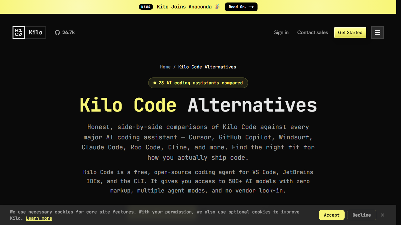 Kilo Code Alternatives — Cursor, Copilot, Windsurf & More Compared page snapshot